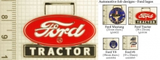 Ford auto & tractor decorative fobs, various designs with strap, key chain, & watch chain options