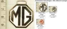 MG automotive decorative fobs, various designs with strap, key chain, & watch chain options