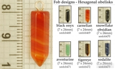 Hexagonal obelisk decorative fobs, various strap, key chain, watch chain & jewelry finishing options