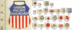 Pacific Lines railroad decorative fobs, various designs with strap, key chain, & watch chain options