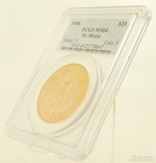 1908 no motto St. Gaudens $20 gold coin grade MS64, sealed, with grading info