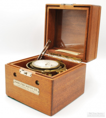 Hamilton 36S 21J adj. 6p Model 22 marine chronometer watch #2F22369; wood, glass, & brass gimbal box