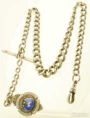 14" silver Albert style graduated link chain, silver & enamel 1923 swimming-themed fob, 36.8dwt