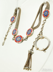 12" silver & enamel multi-strand Albert-style pocket watch chain with a large spring ring, 21.6dwt