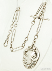 12.5" solid silver Albert-style mixed link pocket watch chain with silver horned skull shield fob