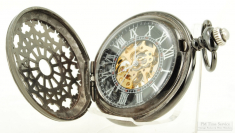 Chinese 16S 1J pocket watch, Hematite HC w/ filigree top cover & display back, skeletonized dial
