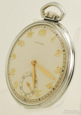 Gotham 40mm 7J grade HJMX pocket watch #8635, thin-model WBM chrome case w/ vertical line engraving