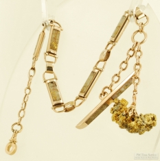 11.5" 14k fancy articulated mixed link Albert-style pocket watch chain, California quartz nugget fob