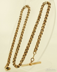 20" YGF fancy link straight style pocket watch chain, heavy YGF t-bar with a swivel center detail