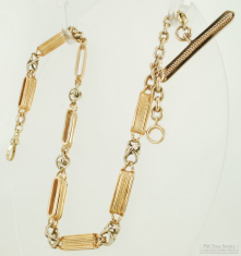 13" mixed 14k & 18k yellow gold fancy link Albert-style pocket watch chain, fancy t-bar, 23.8dwt