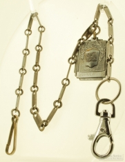 17" rectangular link gunmetal finish WBM Albert style pocket watch chain, matching Scholastic fob