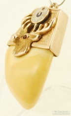 14k, enamel & ruby BPOE elks tooth watch chain fob, elk head & clock design, 4.8dwt