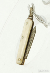 Miniature bone & steel antique pocket knife watch chain fob with steel frame and top connector loop
