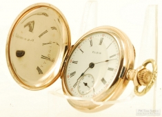 Elgin OS 11J grade 113 ladies' pocket watch #3176271, YGF fully engraved HC with butterfly design