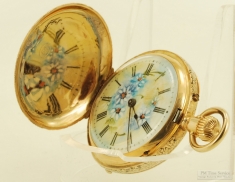 Swiss 31mm 10J pin set ladies' pocket watch #10569, lovely 14k fully engraved HC, hand-painted dial