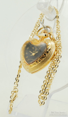 Ronica quartz ladies' pendant watch, YBM heart-shaped engraved case, 18" YBM oval-link necklace