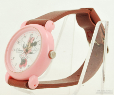 Disney Time Works quartz Minnie Mouse wrist watch, opaque pink plastic round case, dark rose band