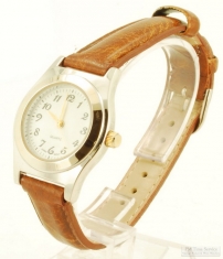 White Stag quartz ladies' wrist watch, WBM & SS cushion-shaped case, YBM bezel & crown
