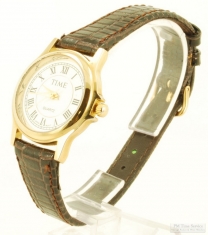 Time quartz ladies' wrist watch, heavy round YBM & SS case, textured dark brown leather band