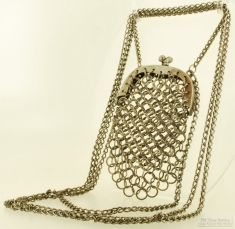Vintage gun-metal art nouveau chain-mail purse, 5" and 49" chain straps