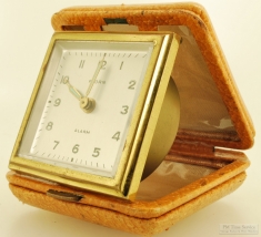 Florn (Germany) travel alarm clock, square YBM & brass case, square foldable travel cover