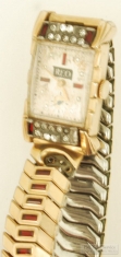 Lathin 17J wrist watch, YGF & SS rectangular case w/ stones, Reo advertising