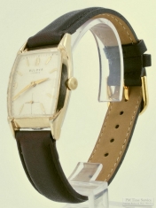 Bulova 17J wrist watch, YGF & SS flared rectangular case, art-deco style numbers