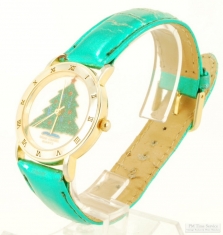Mane Lourdes quartz wrist watch, YBM & SS round case, Christmas tree dial, green leather band