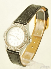 Timex quartz wrist watch, heavy WBM & SS round case, white metal dial, black leather band