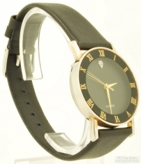 Chinese-made quartz wrist watch, YBM & SS round case, dark green dial w/ crystal, black leather band