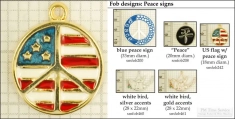 Peace sign & symbol decorative fobs, various designs with strap, key chain, & watch chain options