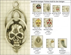 Skull & Claw decorative fobs, various designs with strap, key chain, & watch chain options