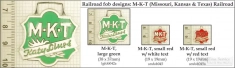 MKT & Katy railroad decorative fobs, various designs with strap, key chain, & watch chain options