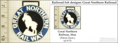 Great Northern railroad decorative fobs, various designs w/ strap, key chain, & watch chain options