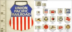 Pacific Lines railroad decorative fobs, various designs with strap, key chain, & watch chain options