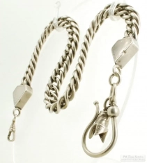 16" extra heavy coin silver straight-style double curb link pocket watch chain, silver drill bit fob
