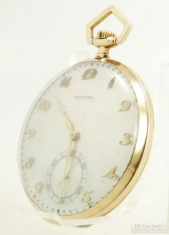 Movado 40mm 15J adj. 2p pocket watch, ultra-thin 14k case, mother of pearl dial, jeweler's box