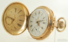 Hampden 18S 17J LS adj. pocket watch #908271, YGF fully engraved box-hinge HC, fancy dial