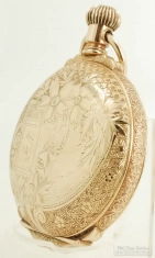 Hampden 18S 17J LS adj. pocket watch #908271, YGF fully engraved box-hinge HC, fancy dial