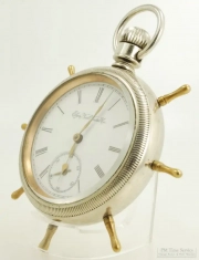 Elgin 18S 17J grade 336 pocket watch #16598983, unique WBM case, ship's wheel design with brass pegs