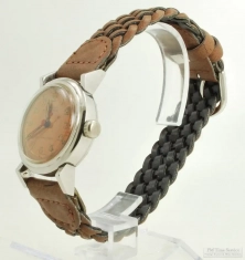Clinton 17J grade CHX wrist watch, heavy SS round WR case, distinctive copper-colored metal dial