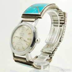 Kingston 17J grade A-2000 wrist watch, chrome & SS WR case, coin silver & turquoise-inlay band tips