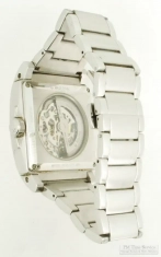 Bulova 21J automatic wrist watch, square WR chrome/SS display case, skeletonized dial, Bulova box