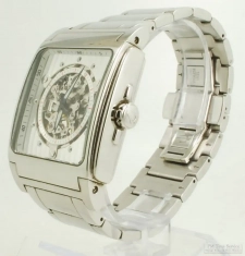 Bulova 21J automatic wrist watch, square WR chrome/SS display case, skeletonized dial, Bulova box