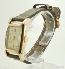 Bulova 17J adj. grade 6AE wrist watch, heavy YGF rectangular case, faceted crystal markers, w/ box