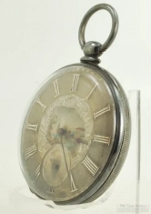 Tobias, London 44mm 13J key wind pocket watch #6038, silver HB&B engraved case, fancy dial, with box