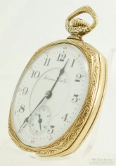 Hampden 12S 17J adj. Viking pocket watch #3805602, attractive YGF engraved square thin-model case