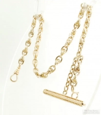 13" 14k yellow gold elaborate fancy link Albert-style pocket watch chain, fancy t-bar, 15.6dwt