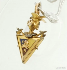 Elaborate YGF & enamel Knights of Columbus pocket watch chain fob, triangular base & armored helmet