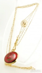 Bucherer 25mm 17J adj. 3p ladies' pendant watch, YBM guilloche case with red enamel, slide chain